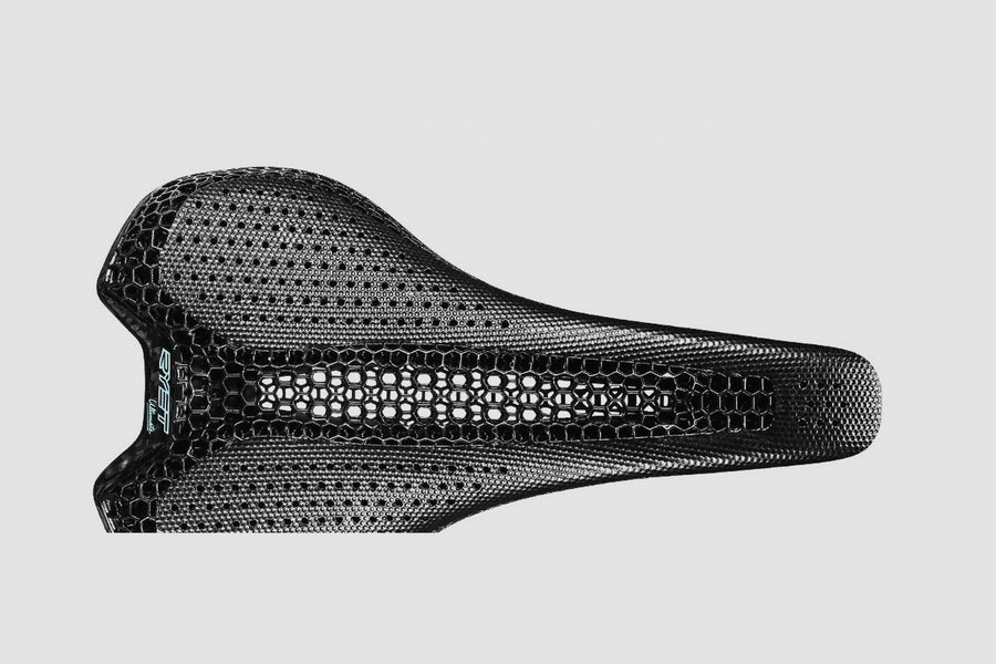 3D-printed carbon saddle showing the open lattice structure