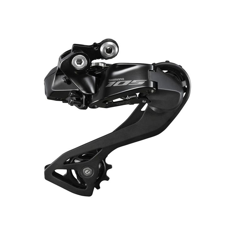 Electronic rear derailleur from the third-tier road groupset, three-quarter view on white