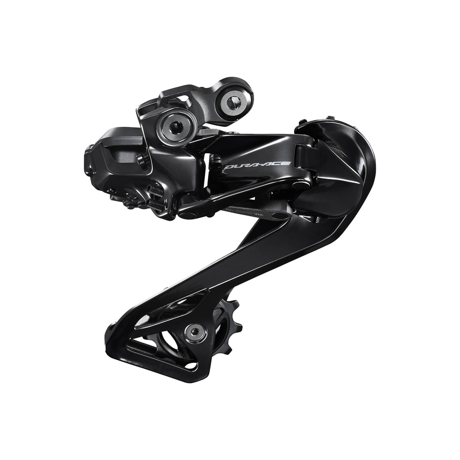Electronic rear derailleur from the flagship road groupset, three-quarter view on white