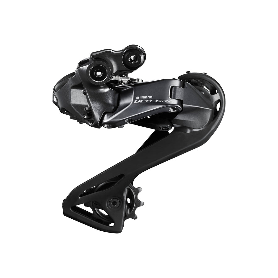 Electronic rear derailleur from the second-tier road groupset, three-quarter view on white