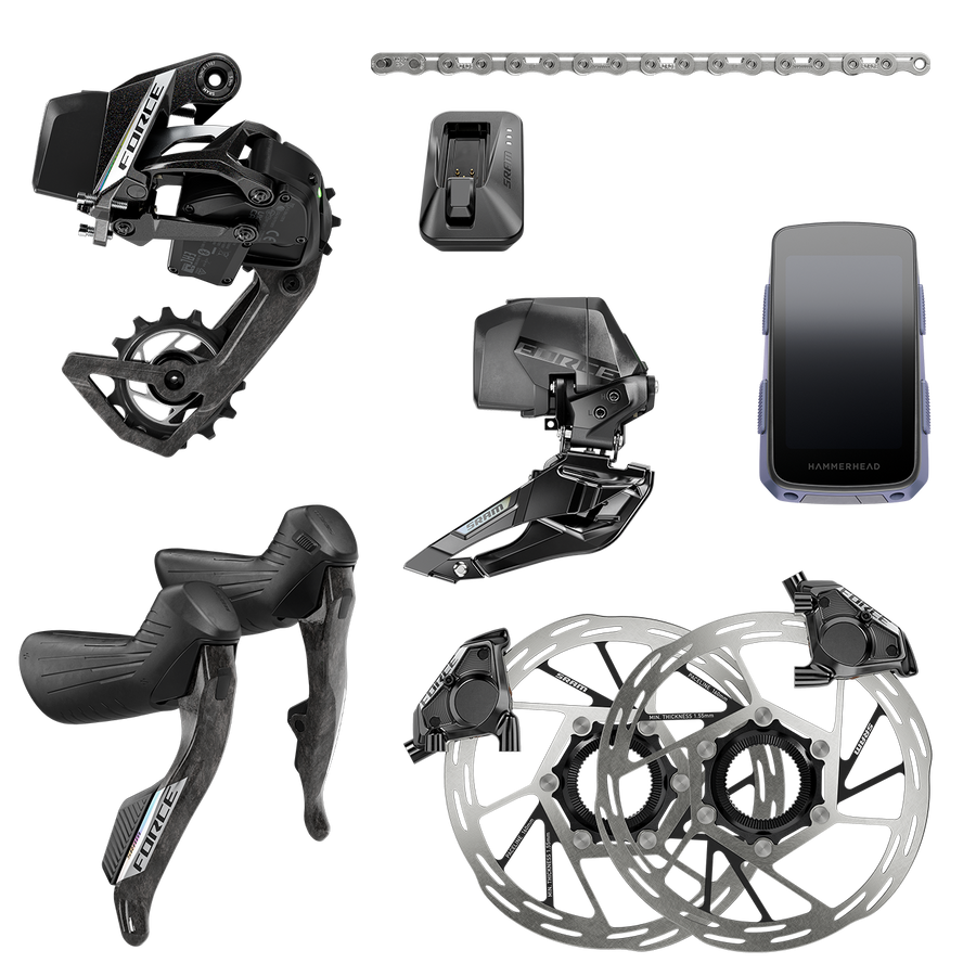Two-ring road groupset laid out flat on white: front and rear derailleurs, shift-brake levers, chain, rotors, calipers and a head unit