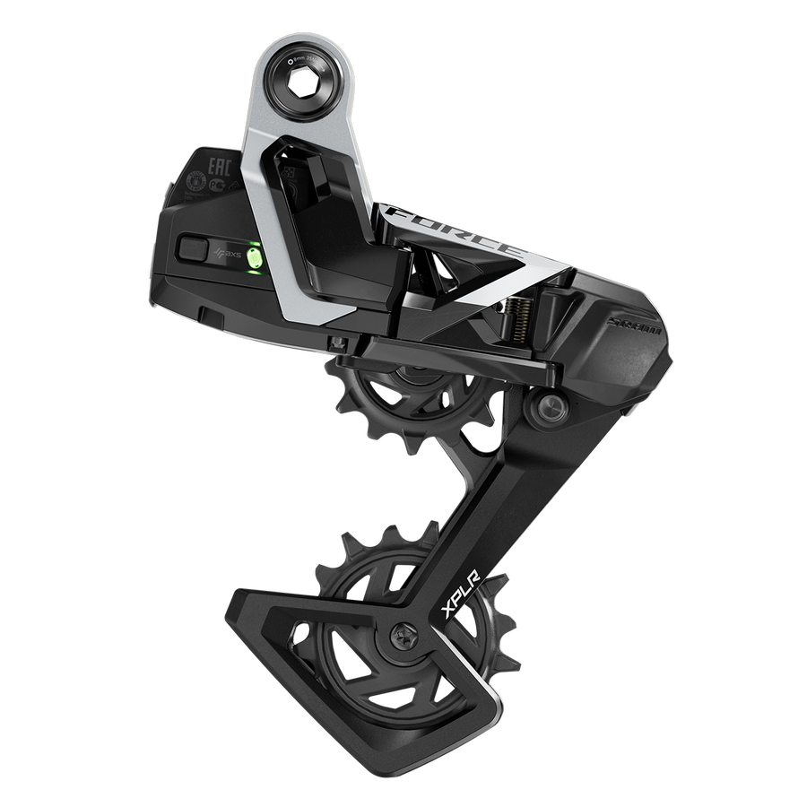 Wireless electronic rear derailleur from the second-tier single-ring gravel groupset, side view on white, wide-range cage visible