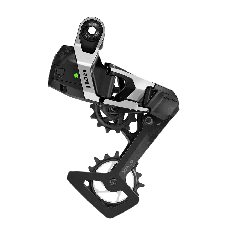 Wireless electronic rear derailleur from the single-ring gravel groupset, side view on white, wide-range cage visible