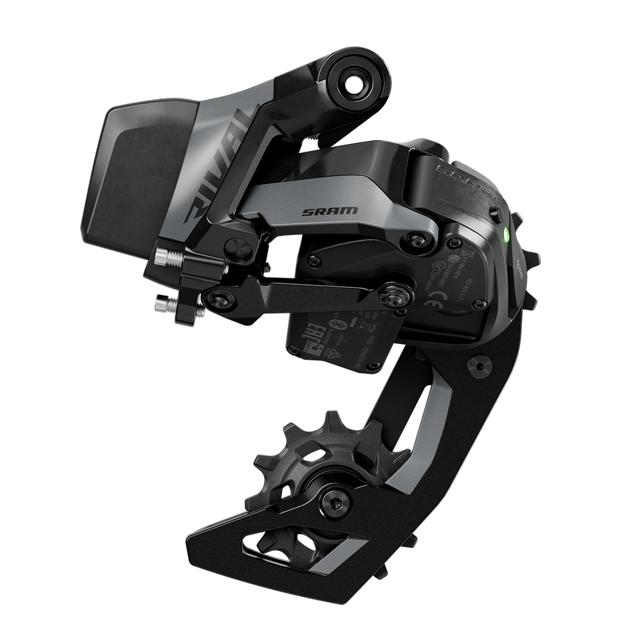 Wireless electronic rear derailleur from the road groupset, side view on white, battery pack and cage visible