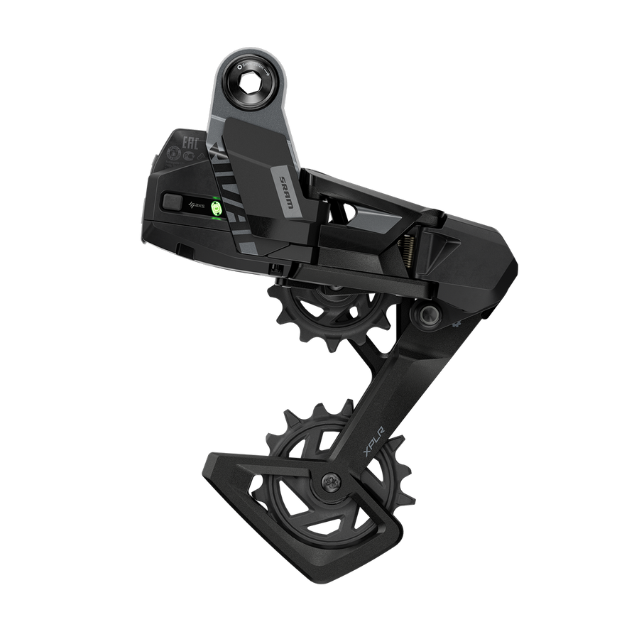 Wireless electronic rear derailleur from the entry single-ring gravel groupset, side view on white, wide-range cage visible