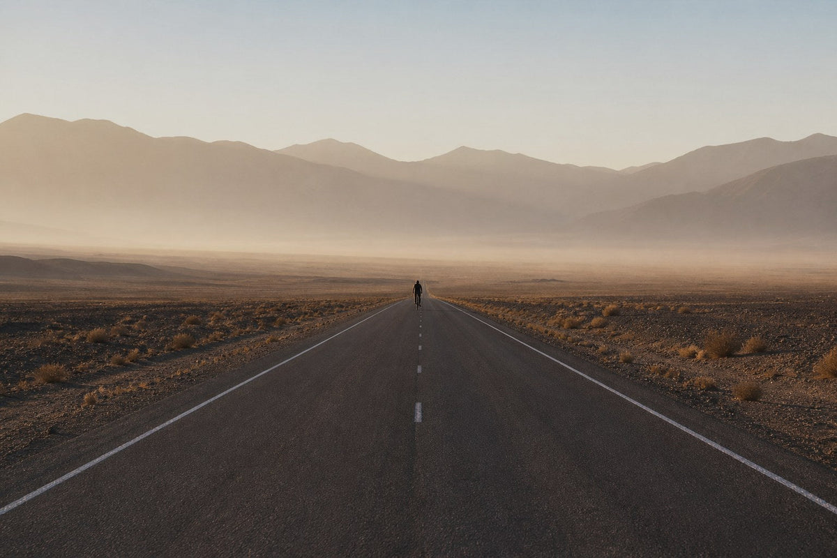 Lone rider on an empty desert highway in dust haze