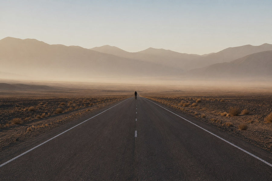 Lone rider on an empty desert highway in dust haze