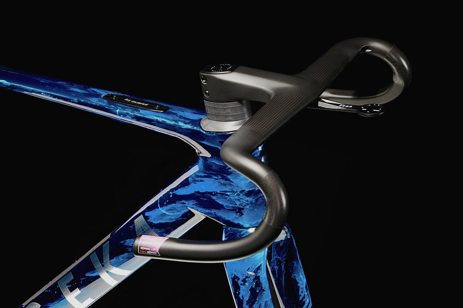 Deep blue paintwork across the top tube and head tube